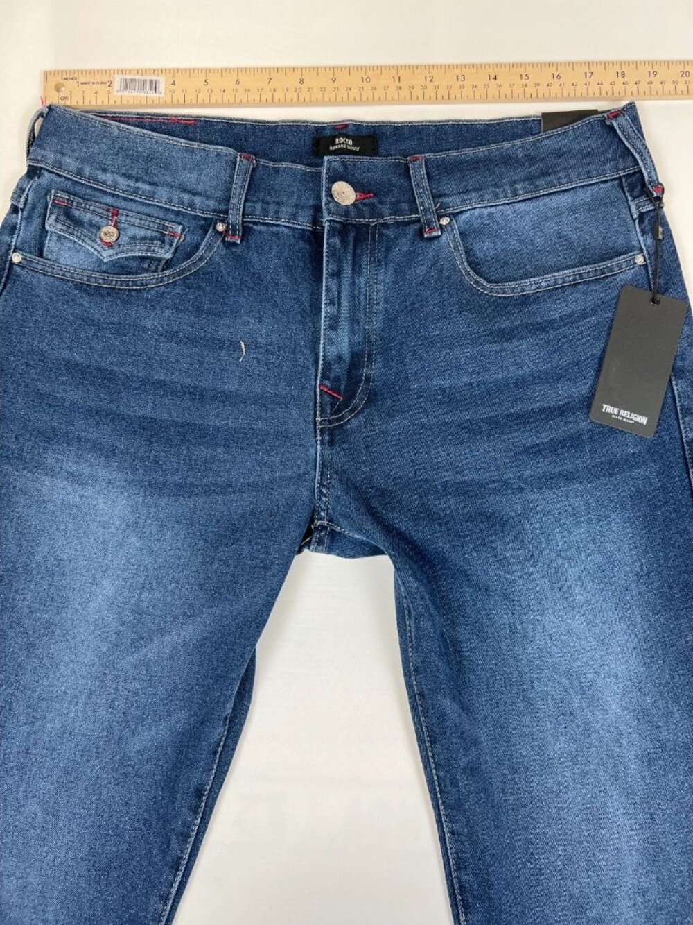 True Religion Men's 36 Rocco Relaxed Skinny Blue Flap Pocket Jeans NWT - Picture 10 of 14